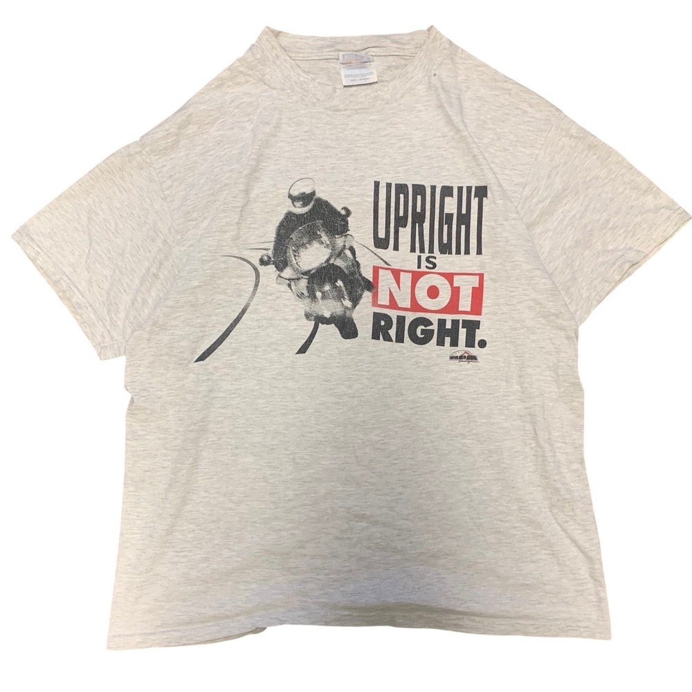 Vintage Hanes Beefy-T Upright Is Not Right Motorcycle Racing T-Shirt Grey Large
